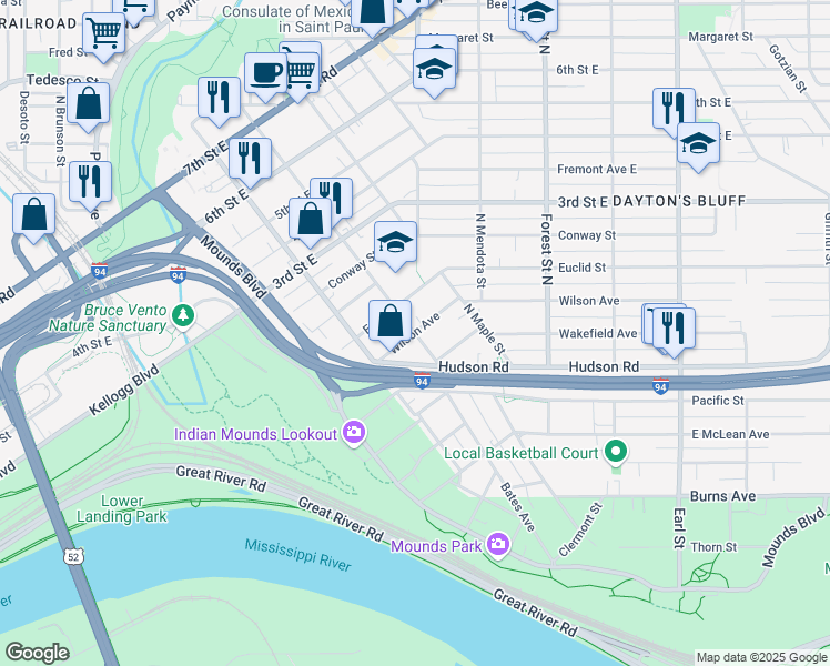 map of restaurants, bars, coffee shops, grocery stores, and more near Wilson Avenue & Bates Avenue in Saint Paul