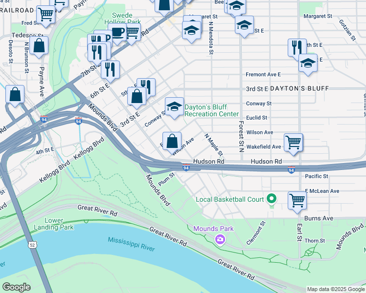 map of restaurants, bars, coffee shops, grocery stores, and more near Wilson Avenue & Bates Avenue in Saint Paul