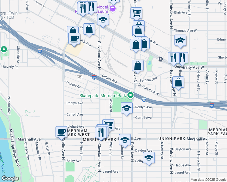 map of restaurants, bars, coffee shops, grocery stores, and more near 462 Wilder Street in Saint Paul