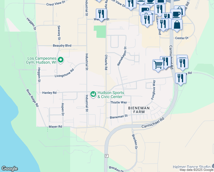 map of restaurants, bars, coffee shops, grocery stores, and more near County Highway East in Hudson