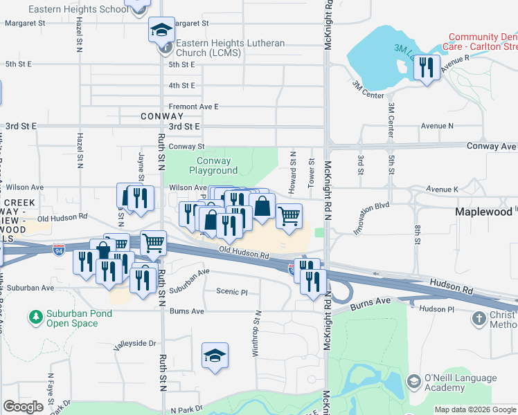 map of restaurants, bars, coffee shops, grocery stores, and more near 2150 Wilson Avenue in Saint Paul