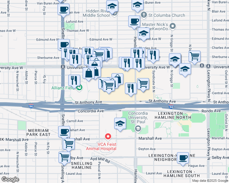 map of restaurants, bars, coffee shops, grocery stores, and more near 1440 University Avenue West in Saint Paul