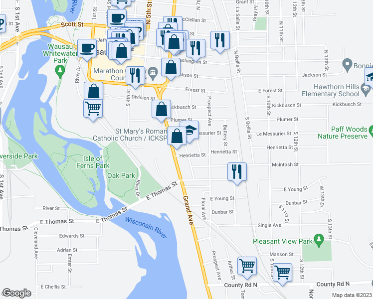 map of restaurants, bars, coffee shops, grocery stores, and more near 414 Seymour Street in Wausau