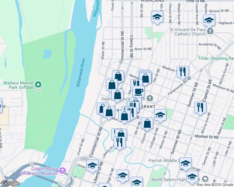 map of restaurants, bars, coffee shops, grocery stores, and more near 1406 Liberty Street Northeast in Salem