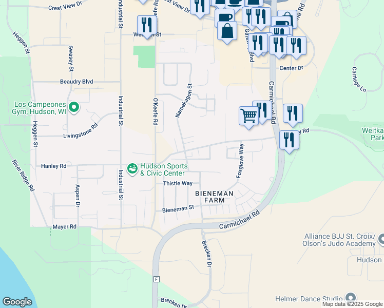 map of restaurants, bars, coffee shops, grocery stores, and more near 2204 Hanley Road in Hudson