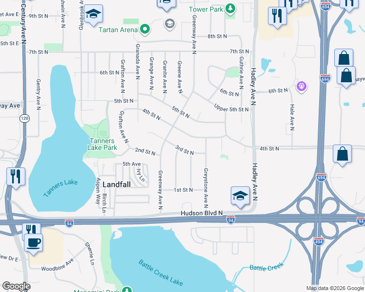 map of restaurants, bars, coffee shops, grocery stores, and more near 6630 3rd Street North in Saint Paul