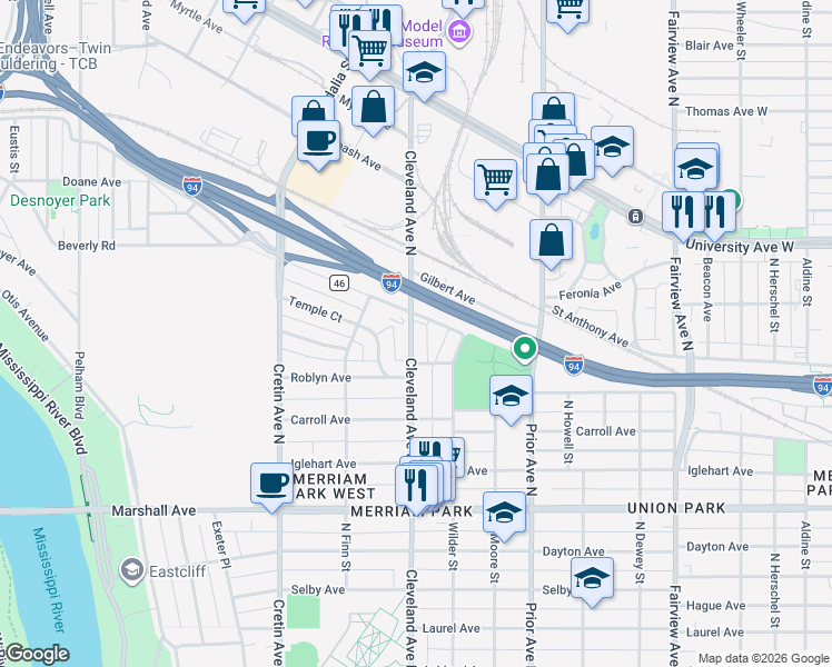 map of restaurants, bars, coffee shops, grocery stores, and more near in Saint Paul