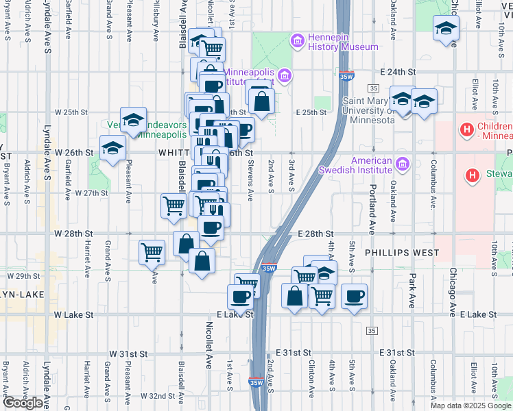 map of restaurants, bars, coffee shops, grocery stores, and more near 139 East 27th Street in Minneapolis