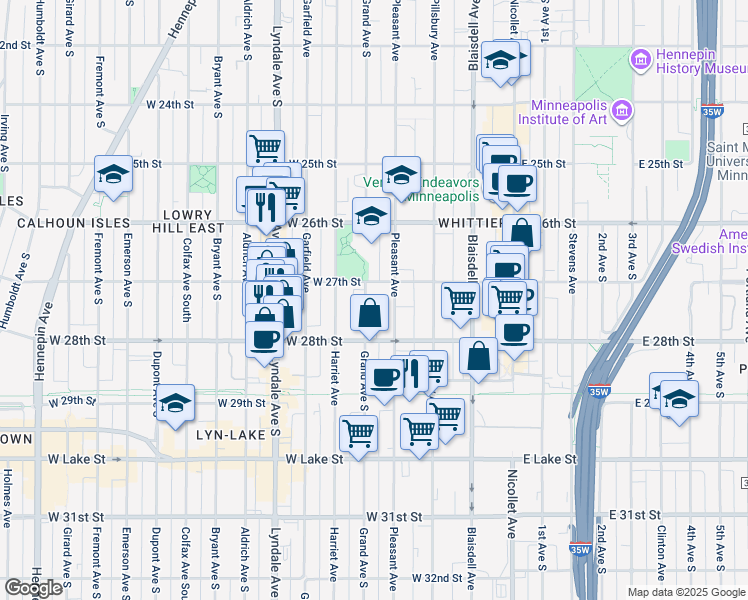 map of restaurants, bars, coffee shops, grocery stores, and more near 2704 Pleasant Avenue in Minneapolis