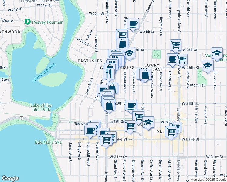map of restaurants, bars, coffee shops, grocery stores, and more near 1325 West 27th Street in Minneapolis