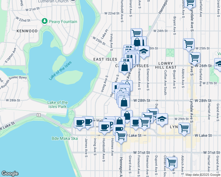map of restaurants, bars, coffee shops, grocery stores, and more near 2709 Irving Avenue South in Minneapolis