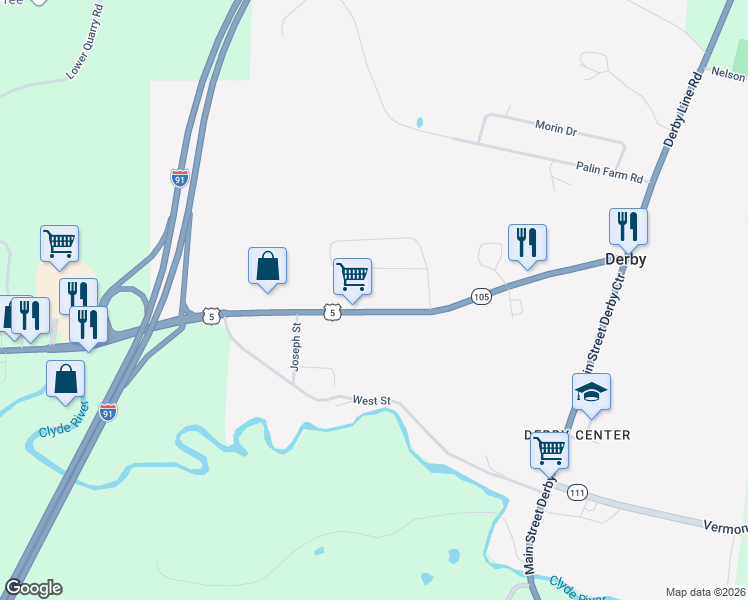 map of restaurants, bars, coffee shops, grocery stores, and more near 3656 Vermont 105 in Derby