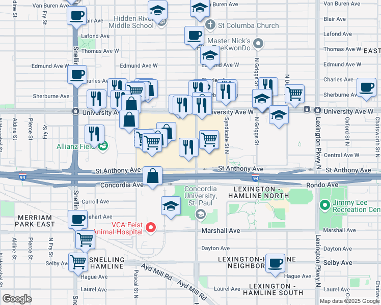 map of restaurants, bars, coffee shops, grocery stores, and more near 389 Hamline Avenue North in Saint Paul