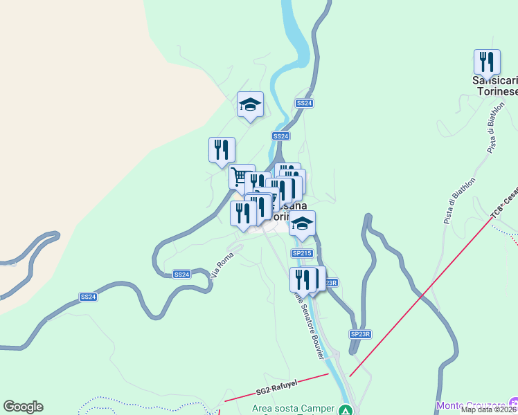 map of restaurants, bars, coffee shops, grocery stores, and more near 17 Viale Generale Sibille in Cesana Torinese
