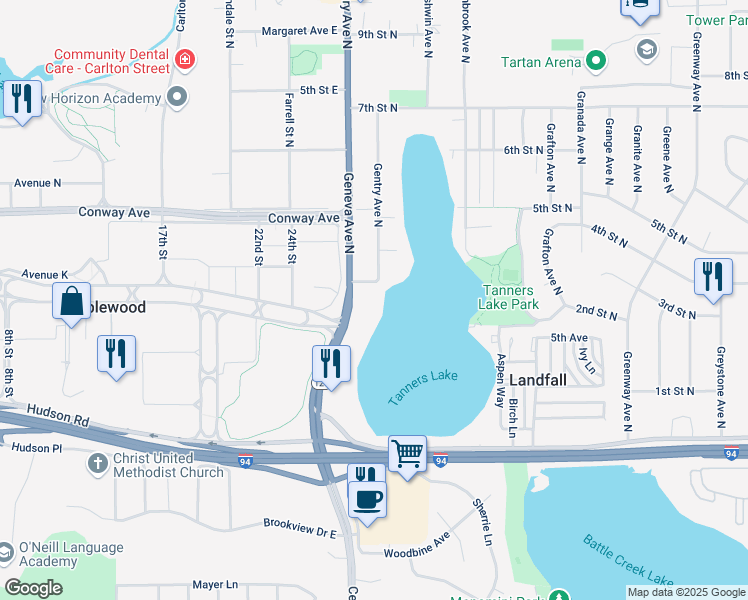 map of restaurants, bars, coffee shops, grocery stores, and more near 329 Geneva Avenue North in Oakdale