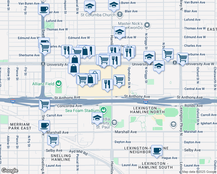 map of restaurants, bars, coffee shops, grocery stores, and more near 389 Hamline Avenue North in Saint Paul