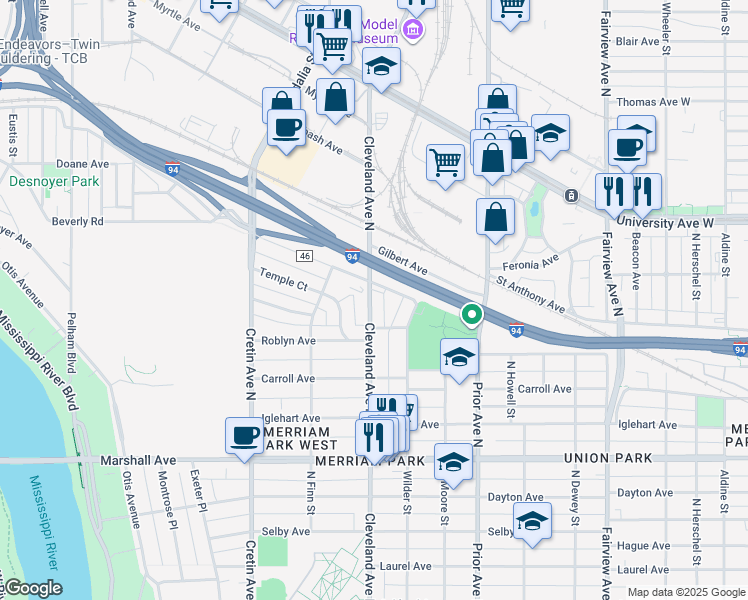 map of restaurants, bars, coffee shops, grocery stores, and more near in Saint Paul