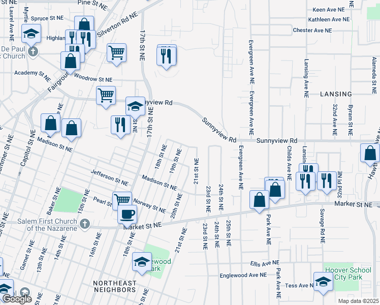map of restaurants, bars, coffee shops, grocery stores, and more near 1960 Garfield Street Northeast in Salem