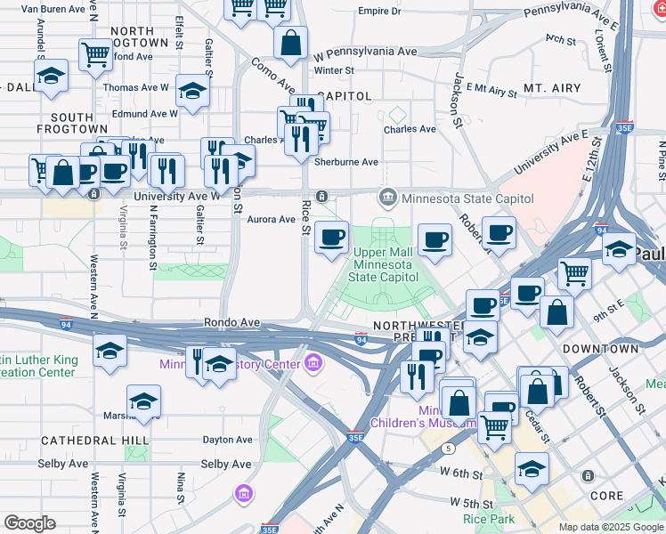 map of restaurants, bars, coffee shops, grocery stores, and more near 395 John Ireland Boulevard in Saint Paul