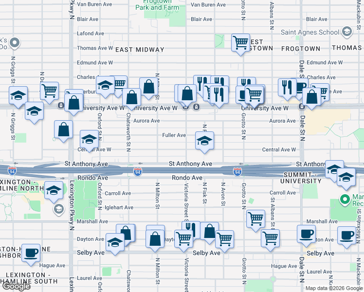 map of restaurants, bars, coffee shops, grocery stores, and more near 426 Victoria Street in Saint Paul