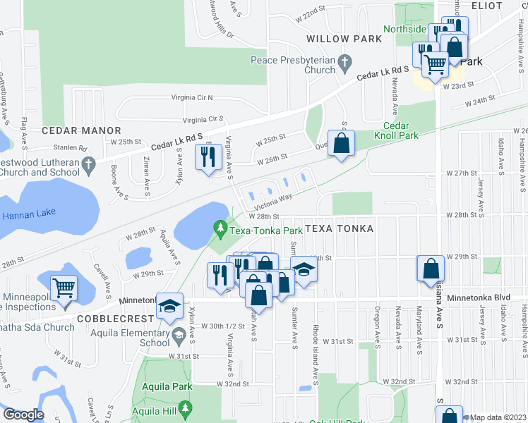 map of restaurants, bars, coffee shops, grocery stores, and more near 8008 West 28th Street in Minneapolis