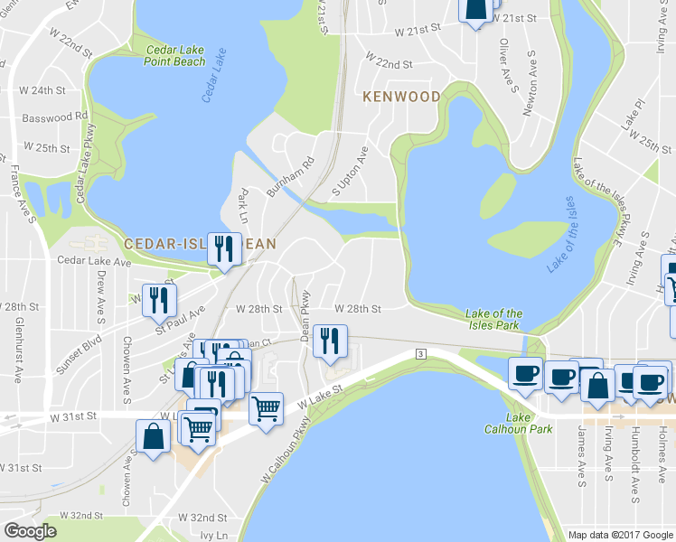 map of restaurants, bars, coffee shops, grocery stores, and more near 2739 Dean Parkway in Minneapolis