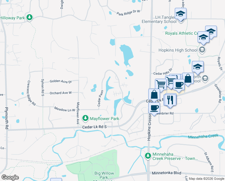 map of restaurants, bars, coffee shops, grocery stores, and more near 11472 Telluride Trail in Hopkins