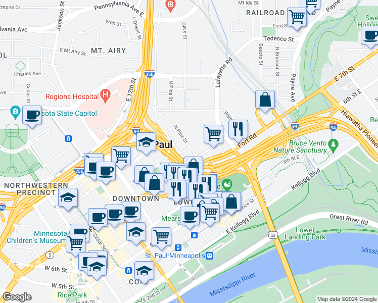 map of restaurants, bars, coffee shops, grocery stores, and more near 330 9th St E in St Paul
