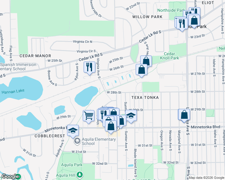 map of restaurants, bars, coffee shops, grocery stores, and more near 8010 Victoria Lane in Minneapolis