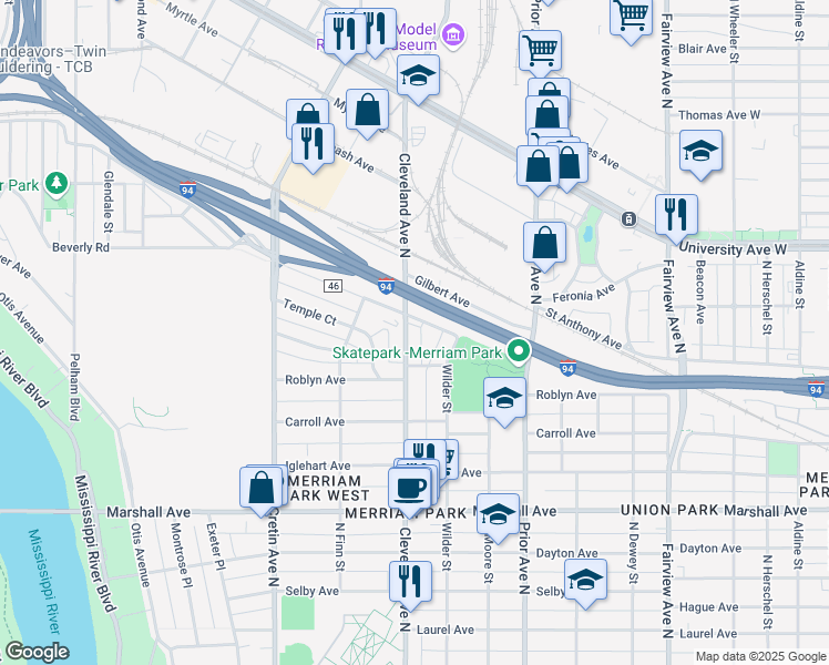 map of restaurants, bars, coffee shops, grocery stores, and more near 408 Cleveland Avenue North in Saint Paul