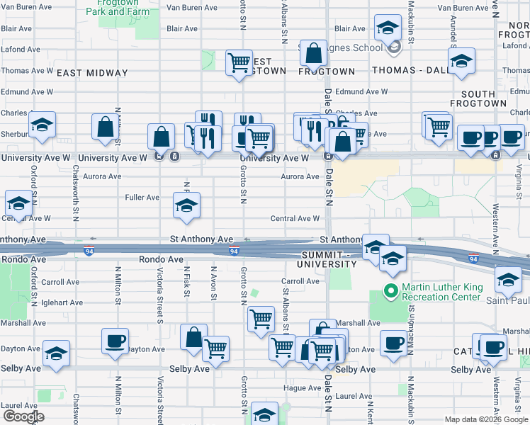 map of restaurants, bars, coffee shops, grocery stores, and more near 709 Central Avenue West in Saint Paul