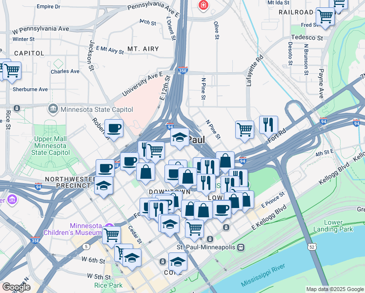 map of restaurants, bars, coffee shops, grocery stores, and more near 572 Wacouta Street in Saint Paul