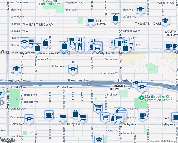 map of restaurants, bars, coffee shops, grocery stores, and more near 751 Central Avenue West in Saint Paul