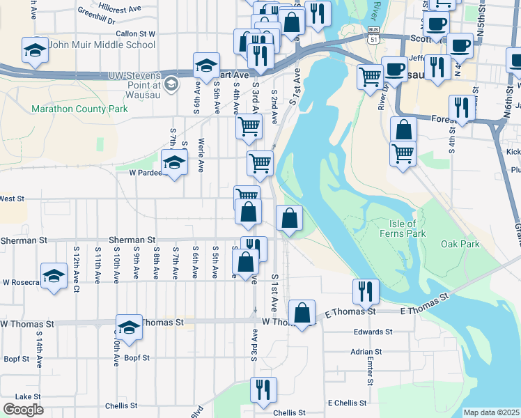 map of restaurants, bars, coffee shops, grocery stores, and more near 806 South 1st Avenue in Wausau