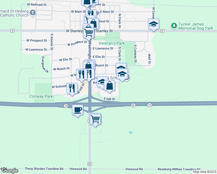map of restaurants, bars, coffee shops, grocery stores, and more near 200 Krych Street in Thorp