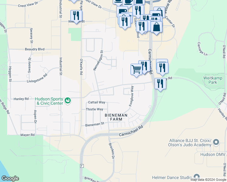 map of restaurants, bars, coffee shops, grocery stores, and more near 2226 Hanley Road in Hudson