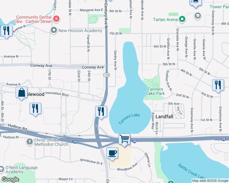 map of restaurants, bars, coffee shops, grocery stores, and more near 329 Geneva Avenue North in Oakdale