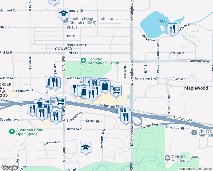 map of restaurants, bars, coffee shops, grocery stores, and more near 2150 Wilson Avenue in Saint Paul