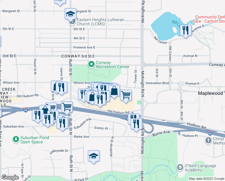 map of restaurants, bars, coffee shops, grocery stores, and more near 2150 Wilson Avenue in Saint Paul