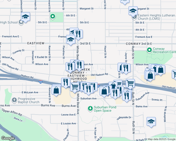 map of restaurants, bars, coffee shops, grocery stores, and more near 400 White Bear Avenue in Saint Paul
