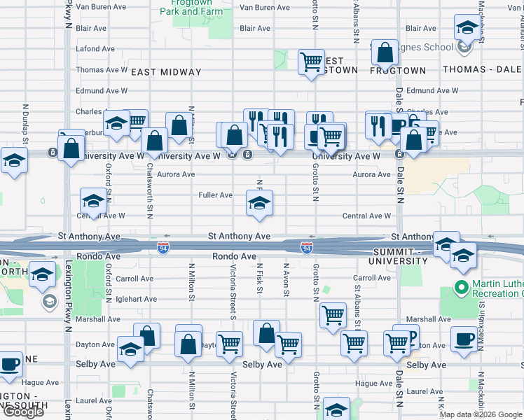 map of restaurants, bars, coffee shops, grocery stores, and more near 818 North Fisk Street in Saint Paul