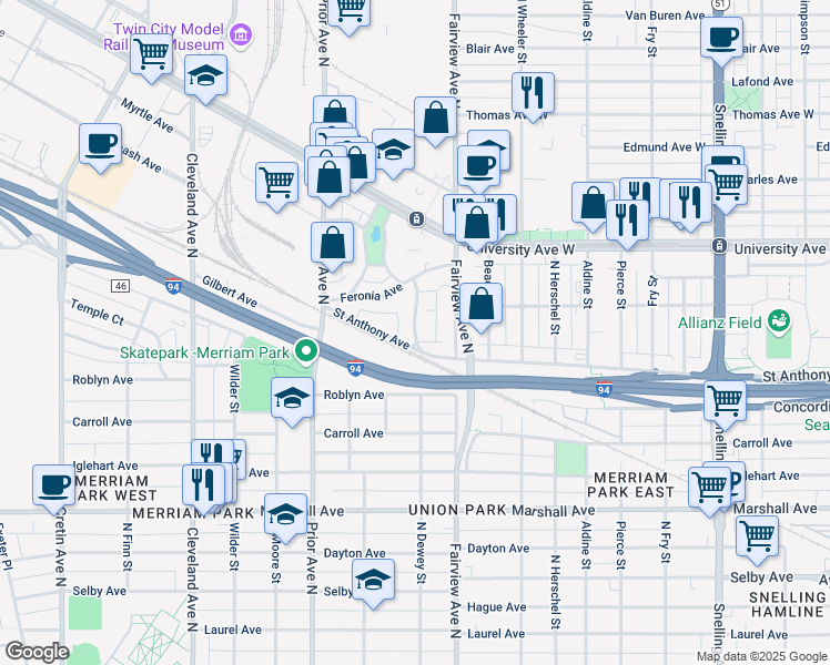 map of restaurants, bars, coffee shops, grocery stores, and more near 400 North Dewey Street in Saint Paul