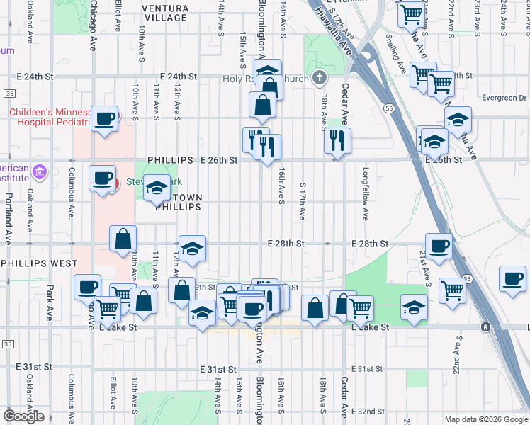 map of restaurants, bars, coffee shops, grocery stores, and more near 2705 Bloomington Avenue in Minneapolis