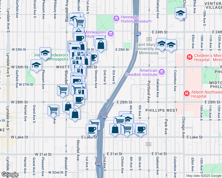 map of restaurants, bars, coffee shops, grocery stores, and more near 2728 3rd Avenue South in Minneapolis