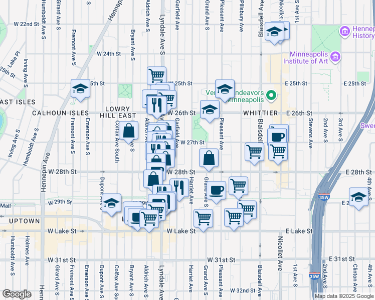 map of restaurants, bars, coffee shops, grocery stores, and more near 519 West 27th Street in Minneapolis