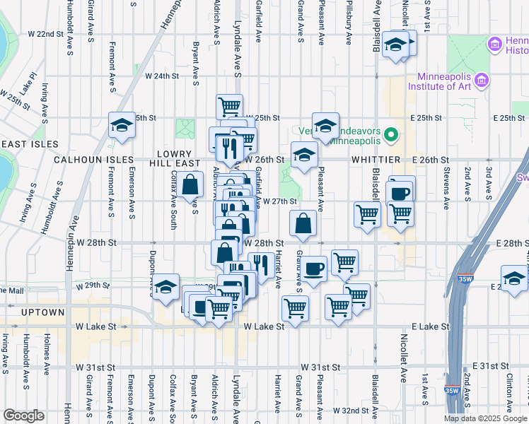 map of restaurants, bars, coffee shops, grocery stores, and more near 519 West 27th Street in Minneapolis