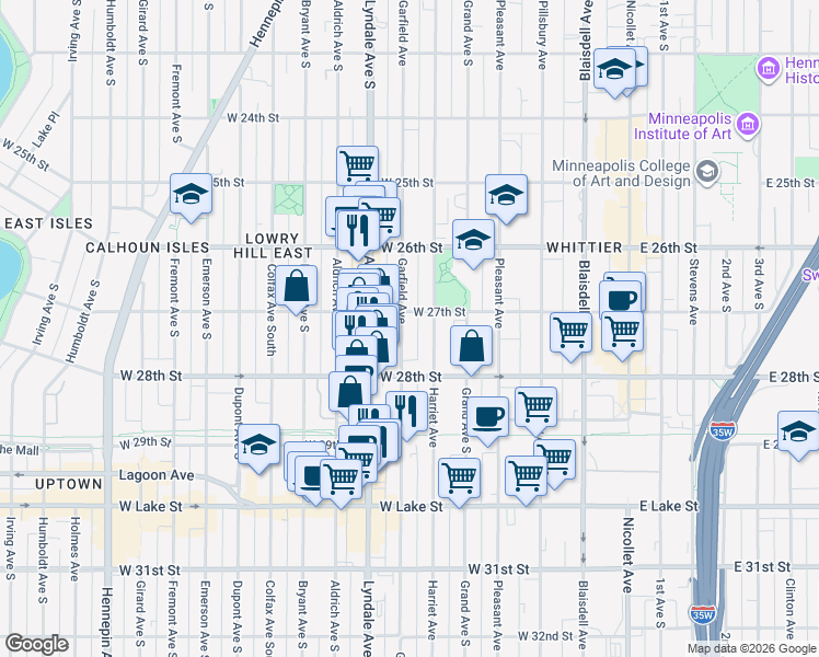 map of restaurants, bars, coffee shops, grocery stores, and more near 519 West 27th Street in Minneapolis