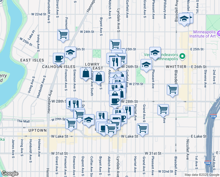 map of restaurants, bars, coffee shops, grocery stores, and more near 2700 Aldrich Avenue South in Minneapolis