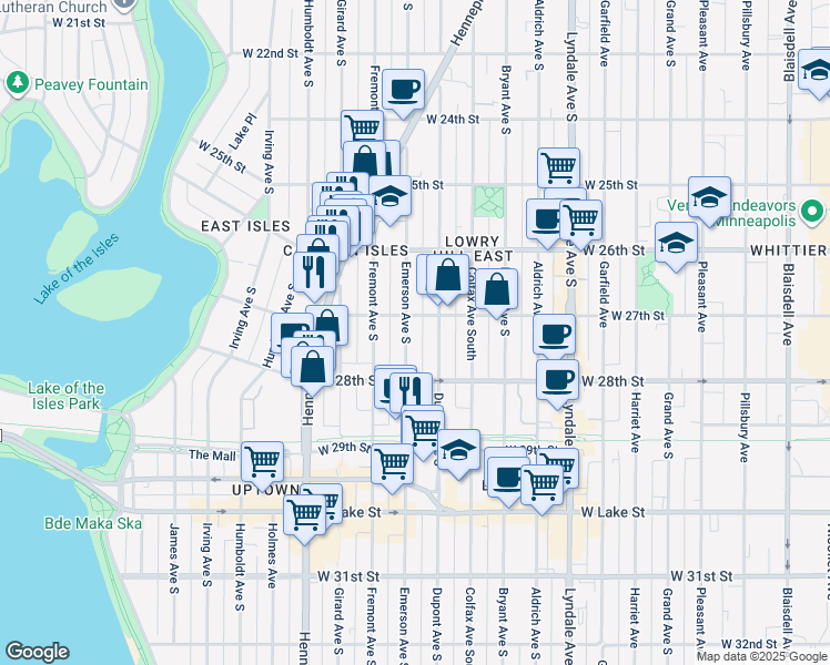 map of restaurants, bars, coffee shops, grocery stores, and more near 2709 Emerson Avenue South in Minneapolis