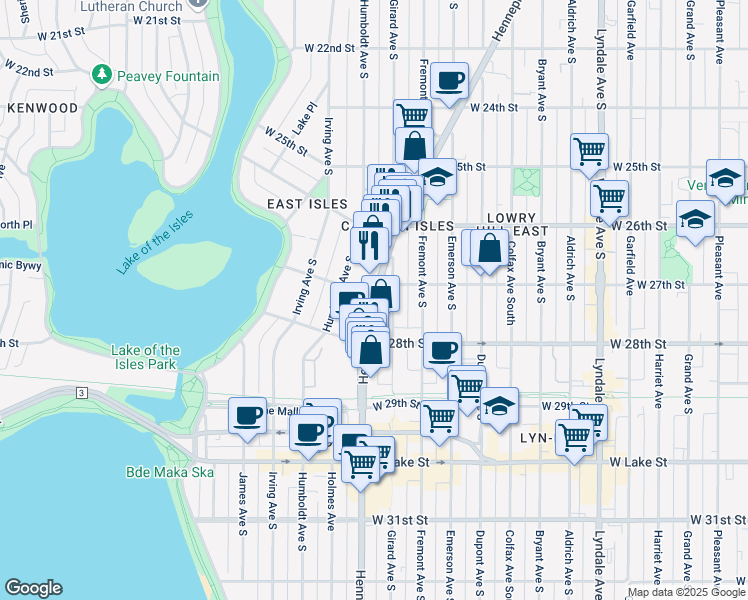 map of restaurants, bars, coffee shops, grocery stores, and more near 1419 West 27th Street in Minneapolis